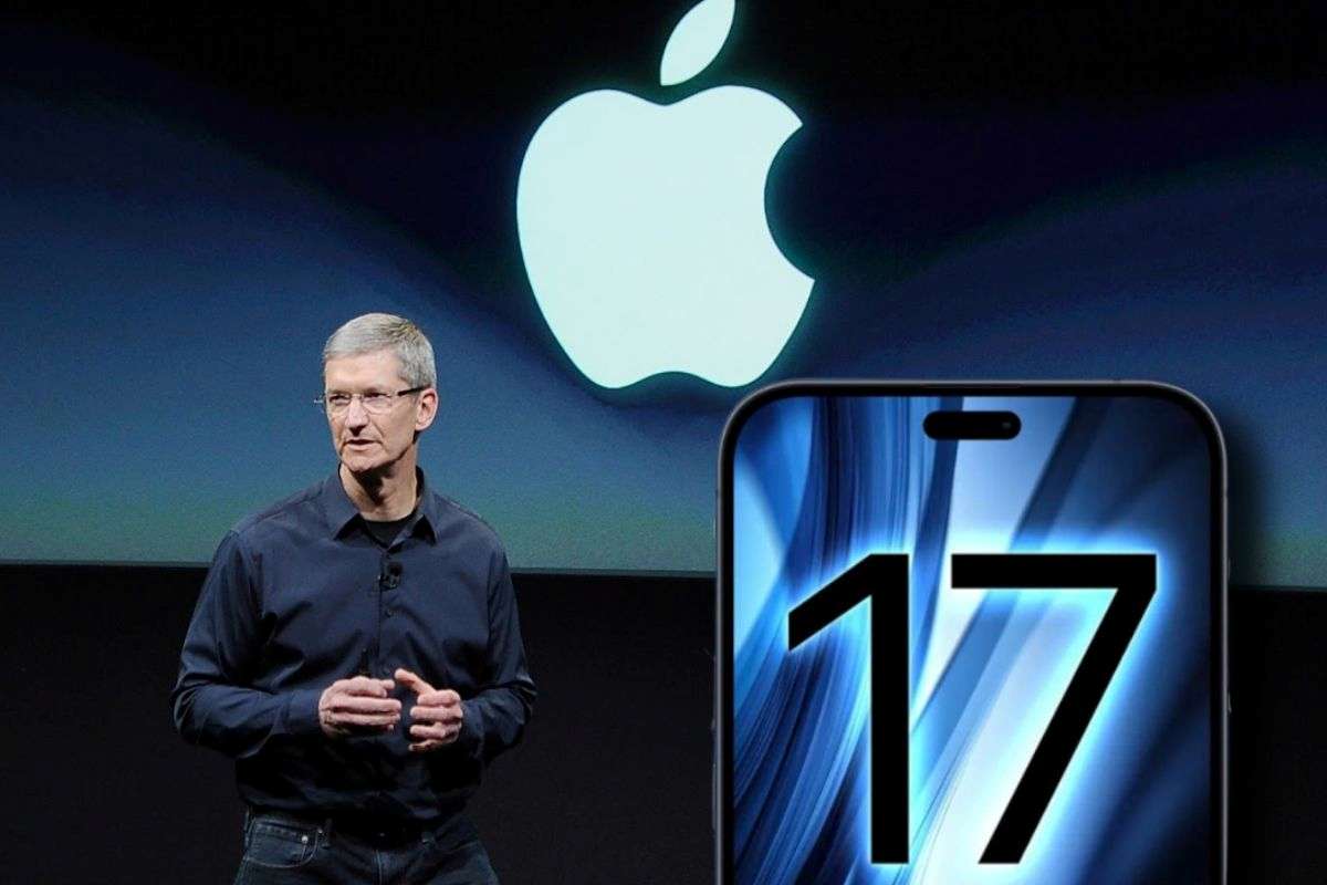 Nuovo iPhone 17 e tim cook sullo sfondo