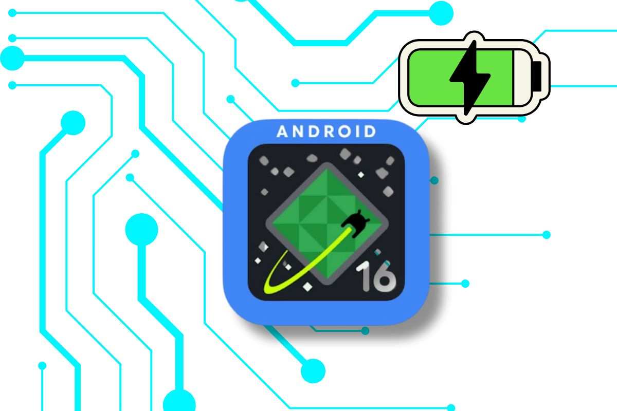 Android 16 e logo batteria su sfondo tech