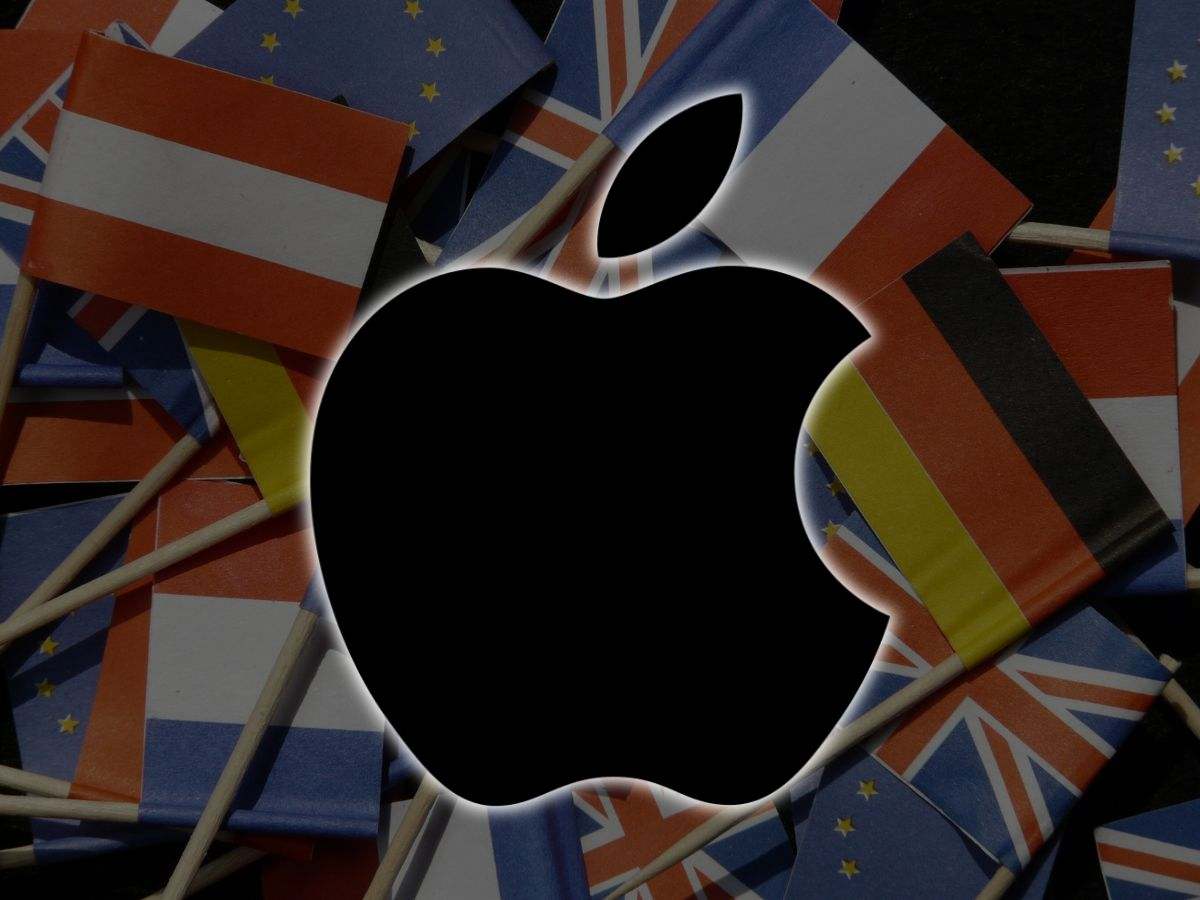 logo Apple nero su sfondo fatto di bandierine di vari Paesi