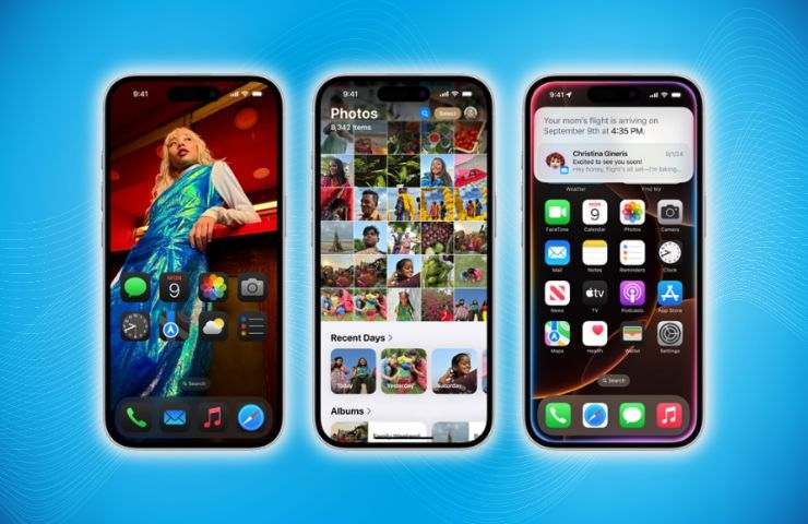 tre iPhone affiancati su sfondo azzurro che mostrano le novità di iOS 18: personalizzazione app, nuova app Foto e centro operativo