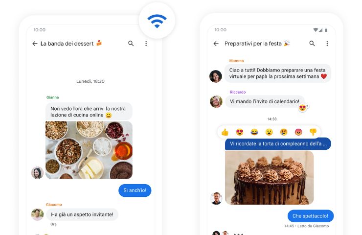 screenshot dell'app Messaggi di Google con chat singole e di gruppo