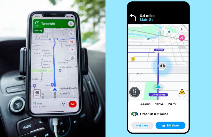 foto divisa a metà da una parte smartphone con google maps in auto e dall'altra smartphone con waze