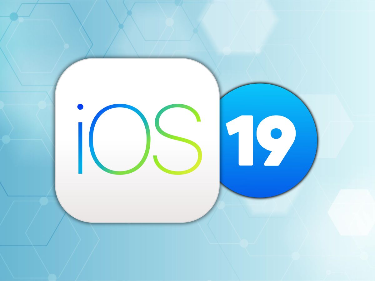 logo iOS con un 19 a fianco su sfondo generico azzurro tech