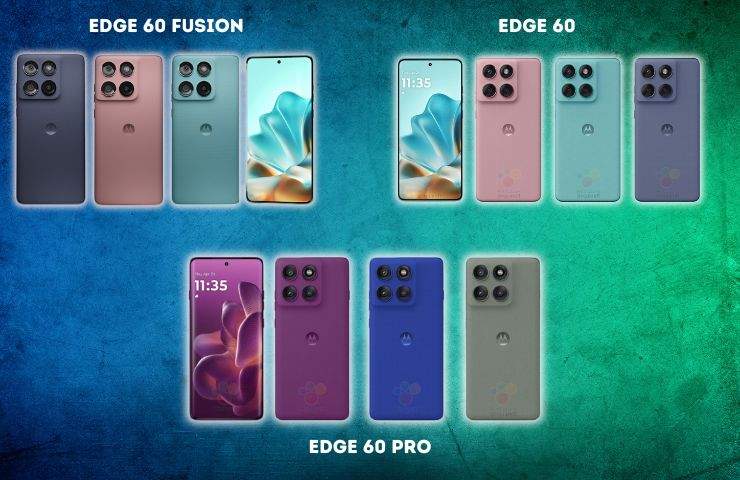 render 3D degli smartphone Motorola Edge 60, Edge 60 Fusion e Edge 60 Pro su sfondo bicolore blu e verde