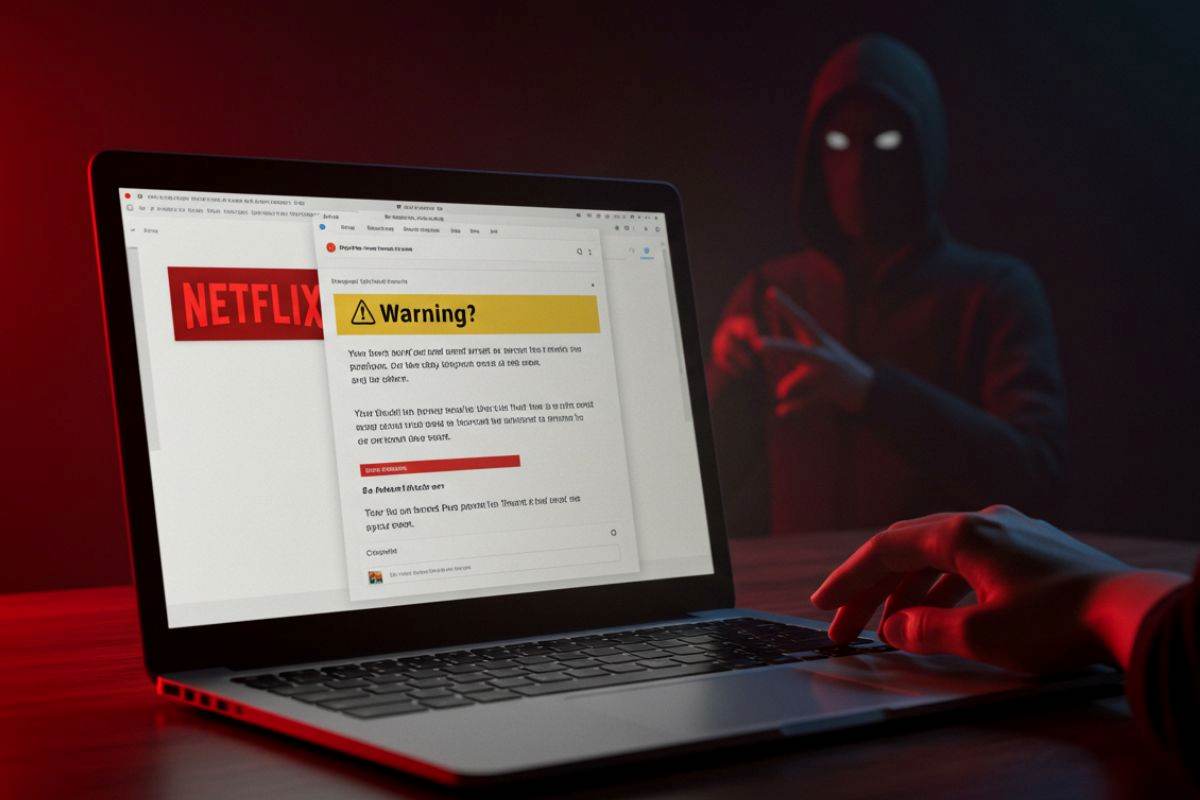 Truffa Netflix sulla mail del pc con il truffatore che si vede nell'ombra