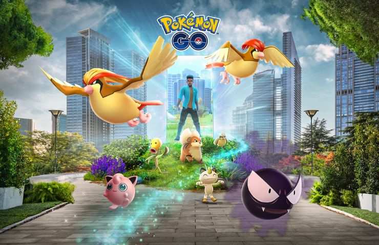 key art di Pokémon GO con vari Pokémon: Pidgeot, Gastly, Jigglypuff, Pidgeotto, Meowth e un allenatore virtuale dietro