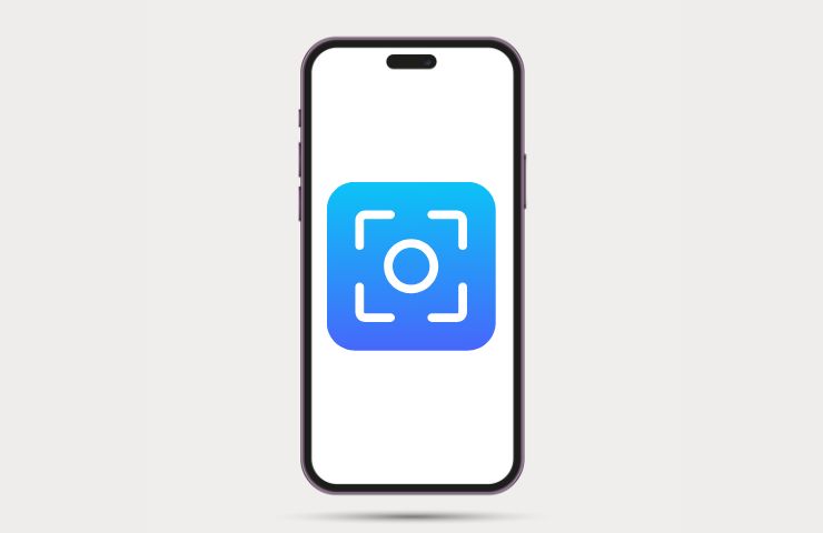 render 3D di uno smartphone su sfondo bianco con sopra un'icona azzurra che richiama lo screenshot