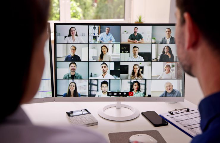 due persone di spalle che assistono a una videoconferenza su PC